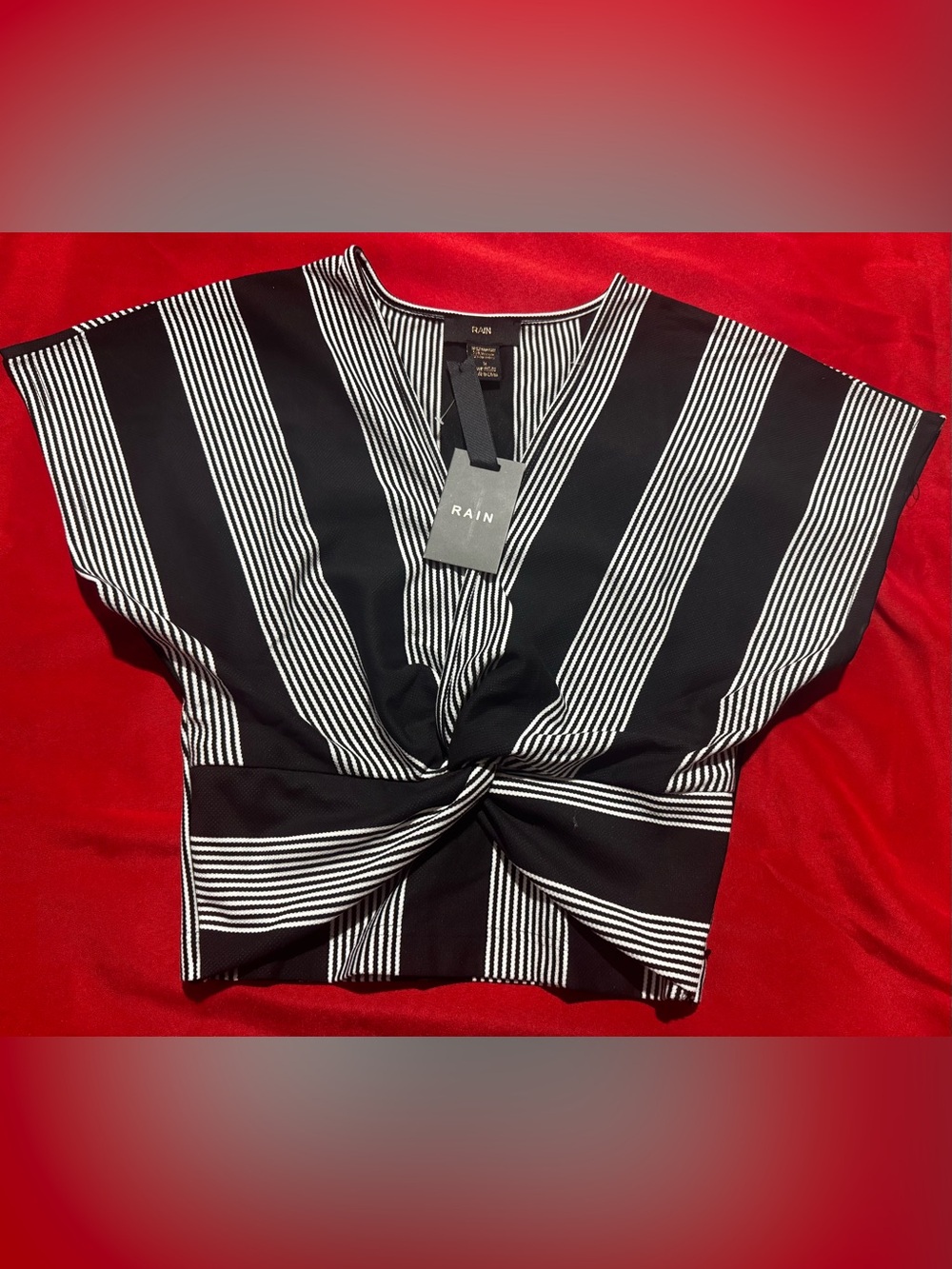 RAIN Black & White Striped Twist-Front V-Neck Blouse